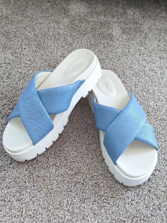 Vionic Shoes - Vionic Blue Leather Vesta Comfort Slide Sandals